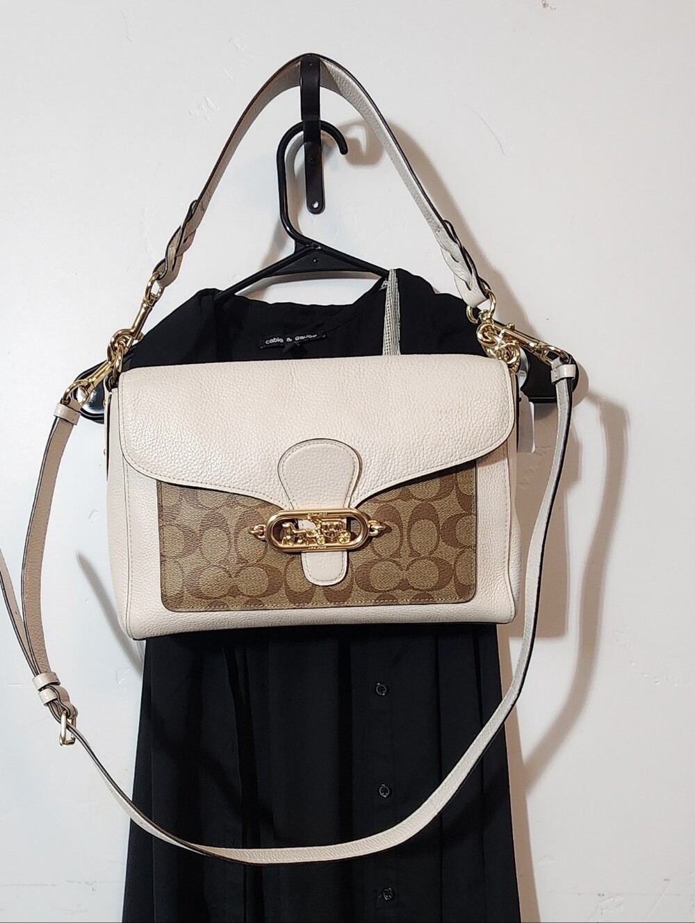 Coach Pebbled Leather and Signature Canvas Shoulder Bag in Chalk/Khaki